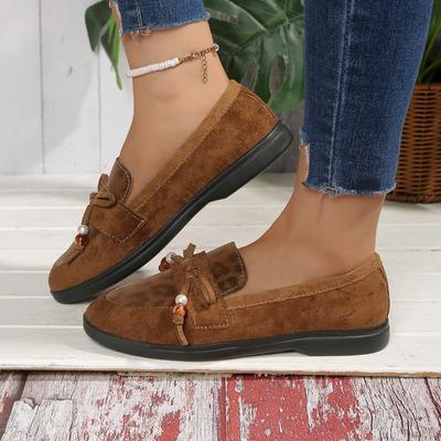 Туфли-лодочки из коровьей замши с круглым носком, весна/осень, слипоны, женская обувь на распродаже 2025, новая однотонная женская обувь с кисточкой и бантом-бабочкой