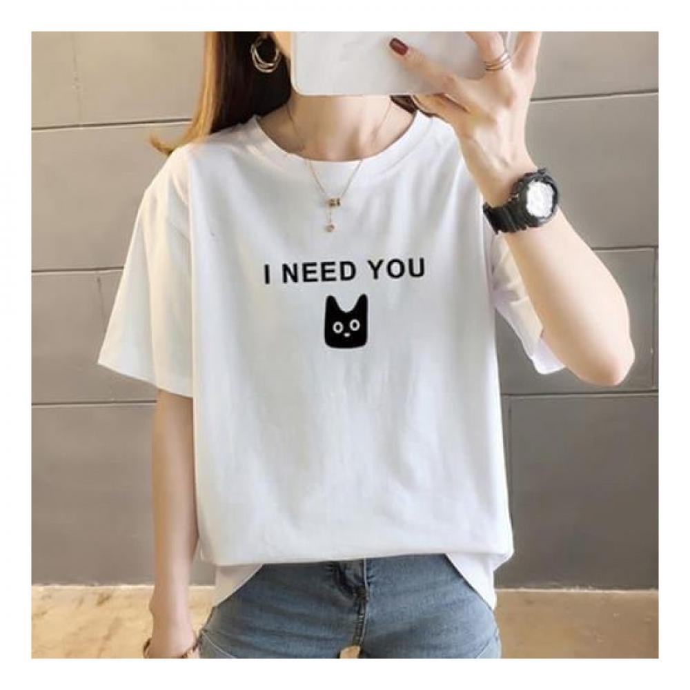 Navava Women LeTTering CaT ShorT Sleeve Round Neck T shirT nT1849