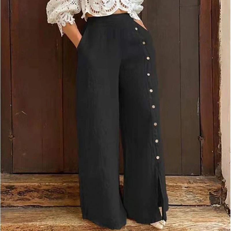 Womens Casual High Waist Wide Leg Pants Solid Color Button Pocket Design 2025 Fall