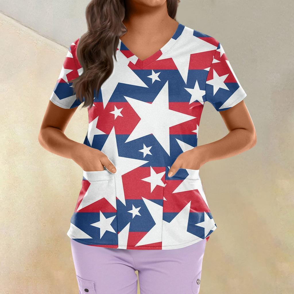 Plus Size Printed Scrub Working Uniform Tops For Women's Cross V Neck Independence Day Print Short Sleeve Fun T-Shirts Workwear Tee With Pockets