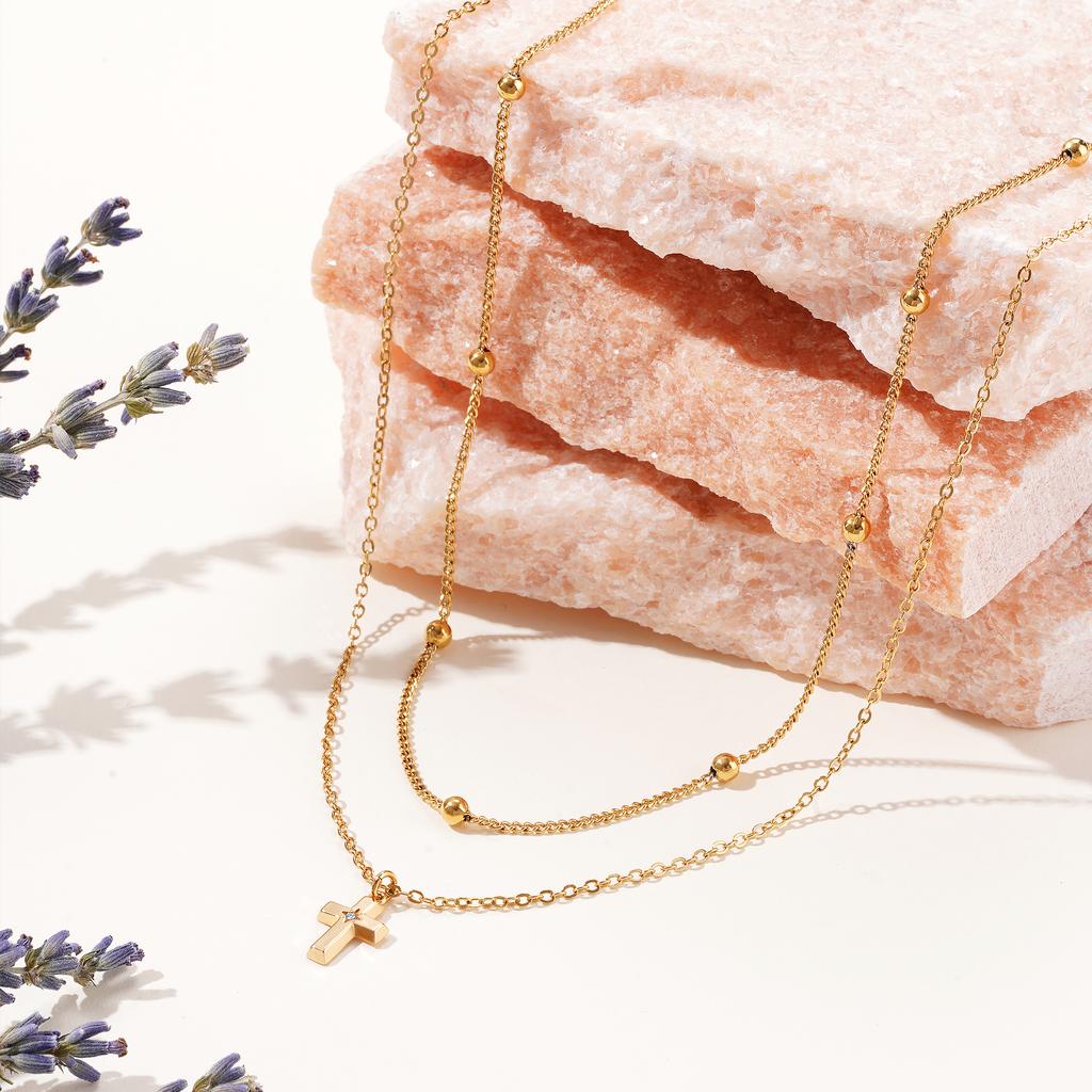 Женское ожерелье с двойным крестом, 18-каратное ожерелье, позолоченное циркониевое ожерелье, круглое ожерелье из бисера