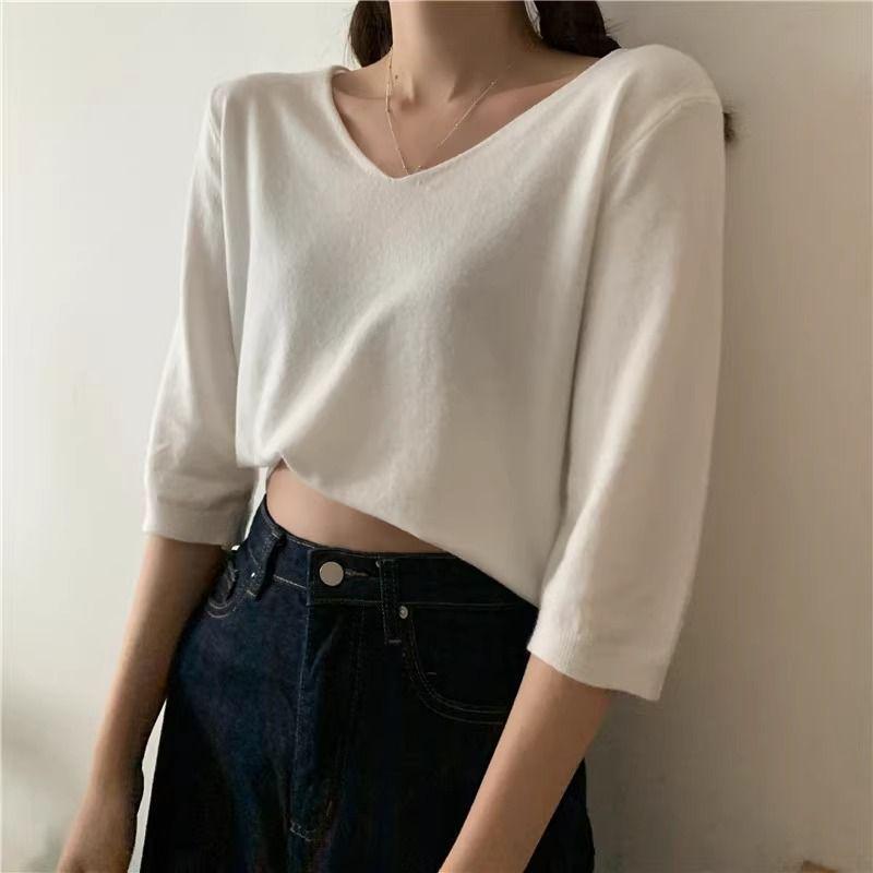2025 Summer V-Neck Knit Short Sleeve Women's Slimming Top