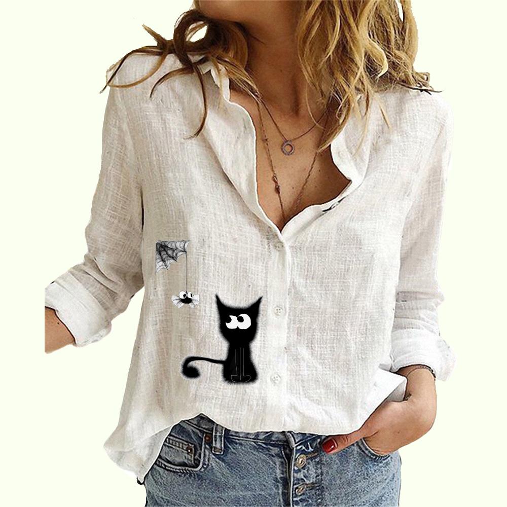 Женская модная рубашка на пуговицах, весна-лето, тонкий хлопковый льняной топ, повседневная блузка с длинными рукавами и принтом кота