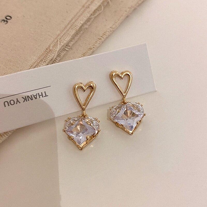 Trendy 14k Real Gold Crystal Heartearrings For Women Accessories Korean Fashion Jewelry S925 Silver Needle Shiny Zircon Ins Gift