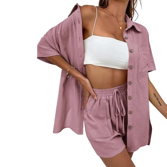 2 шт./компл. женская рубашка и шорты, комплект однотонной блузки с короткими рукавами и нагрудным карманом с лацканами