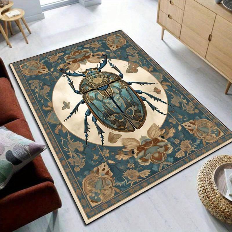 Vintage Beetle Rug with Floral Border Antique Style Living Room Carpet, Nature-Inspired Home Decor Items Skid resistant carpet