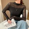 Semi-turtleneck Lace Double-layer Mesh Bottoming Shirt Women's Long-sleeved T-shirt Black Slim-fitting Top Women's