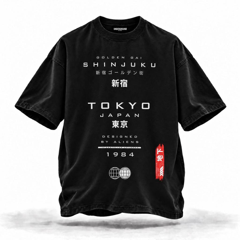 Японская уличная одежда Премиум мешковатая футболка, Токио Синдзюку Golden Gai Хлопковая футболка, Модная высококачественная рубашка с опущенными плечами, Техническая одежда