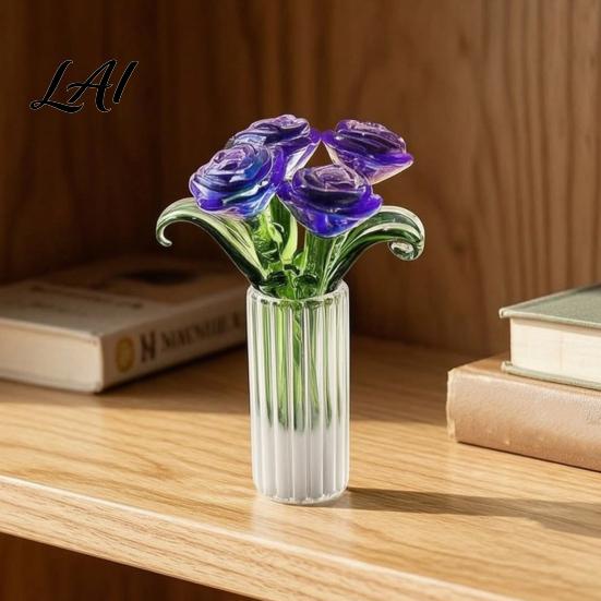 Unique Desktop Ornament for Women Glass Rose Bouquet Handmade Mini Colored Flowers with Durable Preserved Flower Vase Eternal Tabletop Decor,