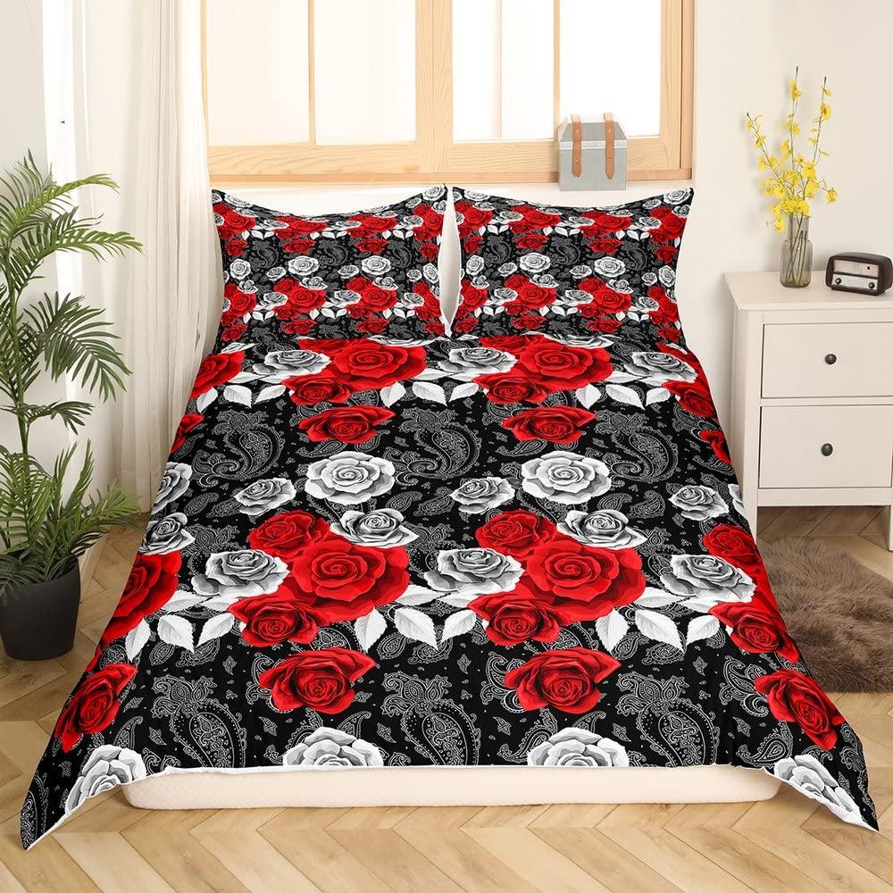 Valentine's Day Rose King Queen Duvet Cover Red White Floral Bedding Set Romantic Flowers Quilt Cover Polyester Comforter Cover