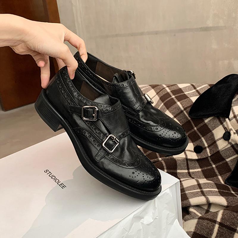 Виноградная мать того же стиля, Хаттон Колледж~ Усадочная лошадиная кожа двойная пряжка круглый носок толстый каблук универсальные кожаные туфли в британском стиле женские