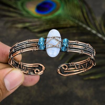Браслет-манжета из натурального голубого кружевного агата с медной проволокой, регулируемый k7A58