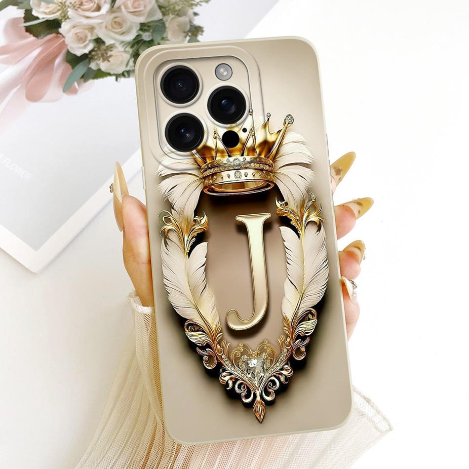 Чехол-бампер из мягкого силикона для iPhone 16 Pro Max с изображением Feather Crown и инициалом Для iPhone16 16Pro 16ProMax