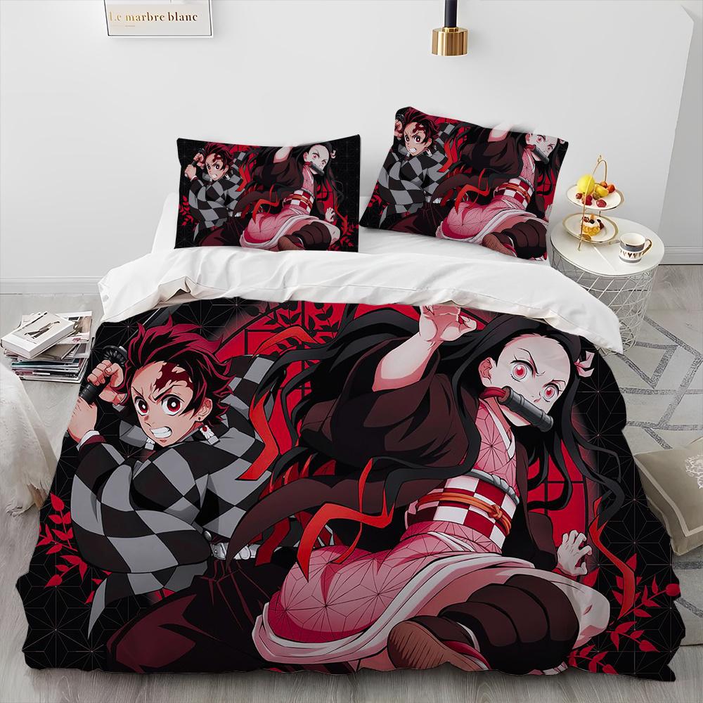 Demon Slayer Bedding Set Kamado Nezuko Duvet Cover Set Bedspread Pillowcase King Queen Full Single Size Bed Linen Kids Teen Gift