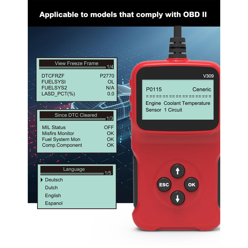 icreative Новейший V309 ELM327 12 В OBD2 Автомобильный диагностический сканер кодов Поддержка полной OBDII Obd 2 диагностической функции с несколькими языками