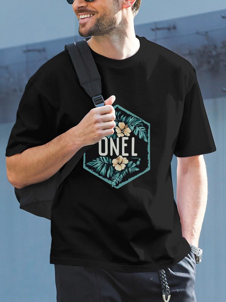 Vintage Surf Brand T-shirt - Black 180g Cotton Crew Neck Short Sleeve Tee with Retro Geometric Floral Print