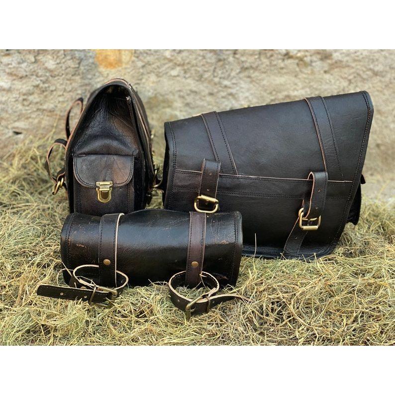 Leather Saddle Bags Motorcycle Bag Black Pannier Saddle Bags For Sportscasters Set Of Three Bags
