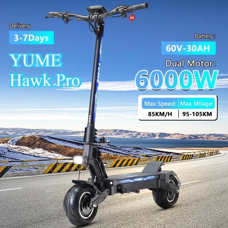 Электрический скутер YUME HAWK Pro, бескамерные дорожные шины 10x4,5 дюйма, двигатель 3000 Вт*2, аккумулятор 60 В 30 Ач, максимальная скорость 50 миль/ч, максимальный запас хода 60 миль