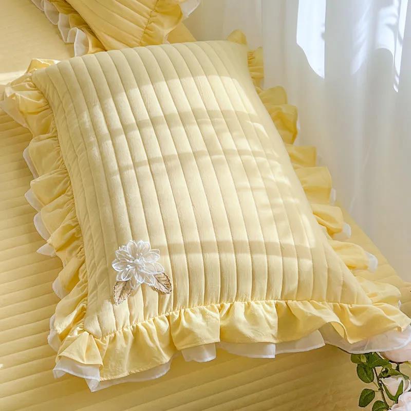 Корейская версия, хлопковая однотонная наволочка с краями листьев лотоса, кружевная подушка в стиле принцессы, 48*74 см