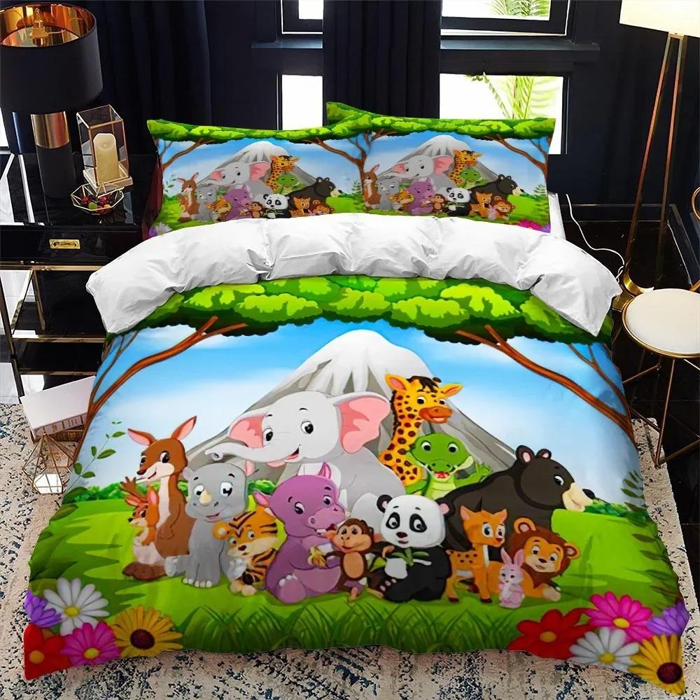Cartoon Animal Duvet Cover King Queen Zoo Tiger Elephant Lion Bedding Set Kids Colorful Wildlife 2/3pcs Polyester Quilt Cover