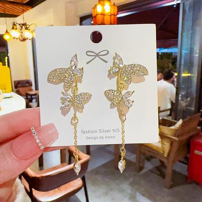 Temperament Sweet Silver Needle Earrings High Sense New Earrings Women's Luxury Full Drill Long Butterfly Tapels.