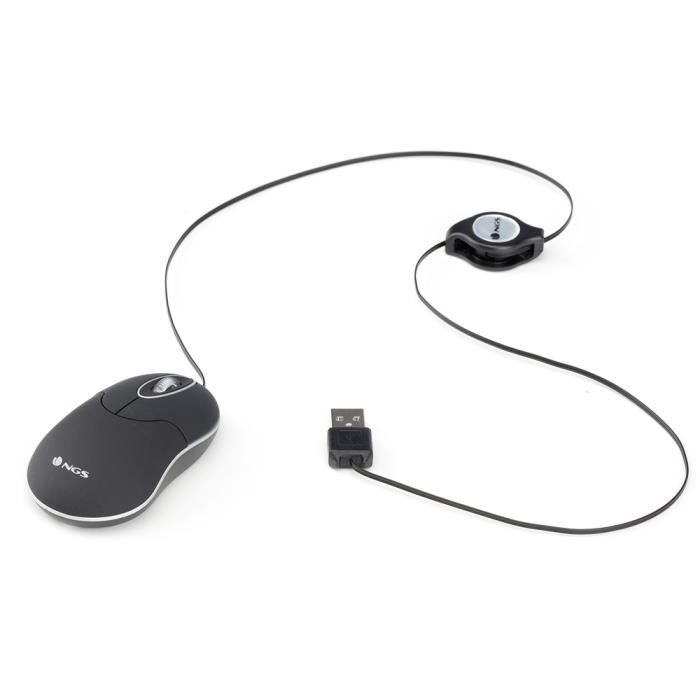 NGS Souris Optique - USB - 3 Boutons - Noir - Câble - 1000 dpi - Roulettes avec frein - Symétrique