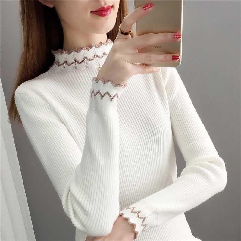Half High Neck Knitted Sweater with Base Women's Autumn and Winter Long Sleeved Top Lace Lace White Sweater