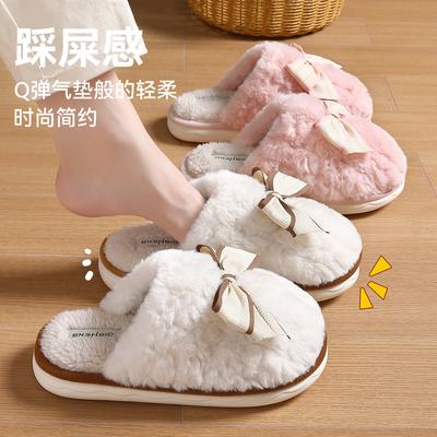 Хлопковые тапочки с бантом женские сезонные домашние комнатные плюшевые теплые нескользящие милые женские пушистые тапочки