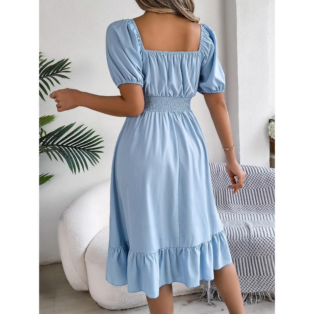 GMXIA Весенне-летнее повседневное платье с квадратным вырезом, короткими рукавами, приталенное, с А-силуэтной юбкой с оборками, женская одежда