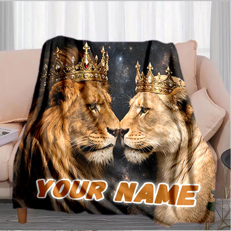 1PC Custom Name Royal Lion Couple flannel blanket versatile,all-season throw suitable for the living room,bedroom,camping,travel,and gift