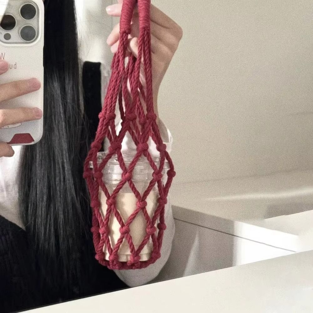 2Pcs Woven Water Bottle Bags Hollow Out Water Cup Mesh Bag Crochet Cup Holder  For Outdoor Carrying