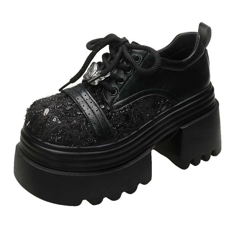Мода 9,5 см Весна Женские Блестящие Туфли на Высоком Каблуке Новинка 2025 Платформа Повседневная Обувь для Ходьбы Нескользящие Танкетки Кожаные Массивные Кроссовки На Шнуровке Туфли