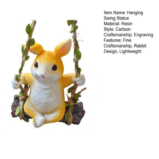 Hanging Swing Statue Resin Craft Rabbit Ornament with Imitation Rattan Rope Tree Stump Base Small Portable Home Garden Decoration