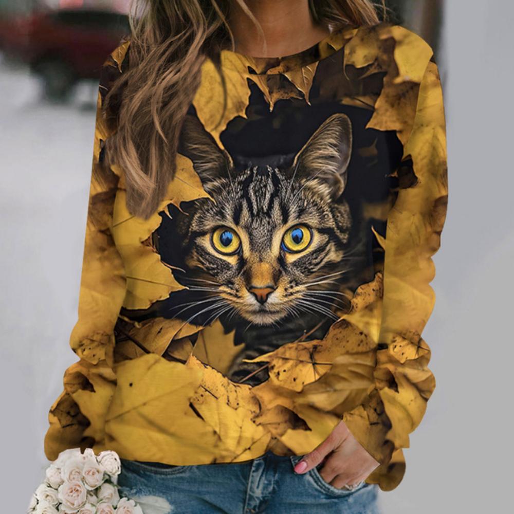 Women's T Shirts 3d Print Art Design Cat Pattern Long Sleeve Daily Weekend Fashion Funny Round Neck Regular Fit Spring & Fall