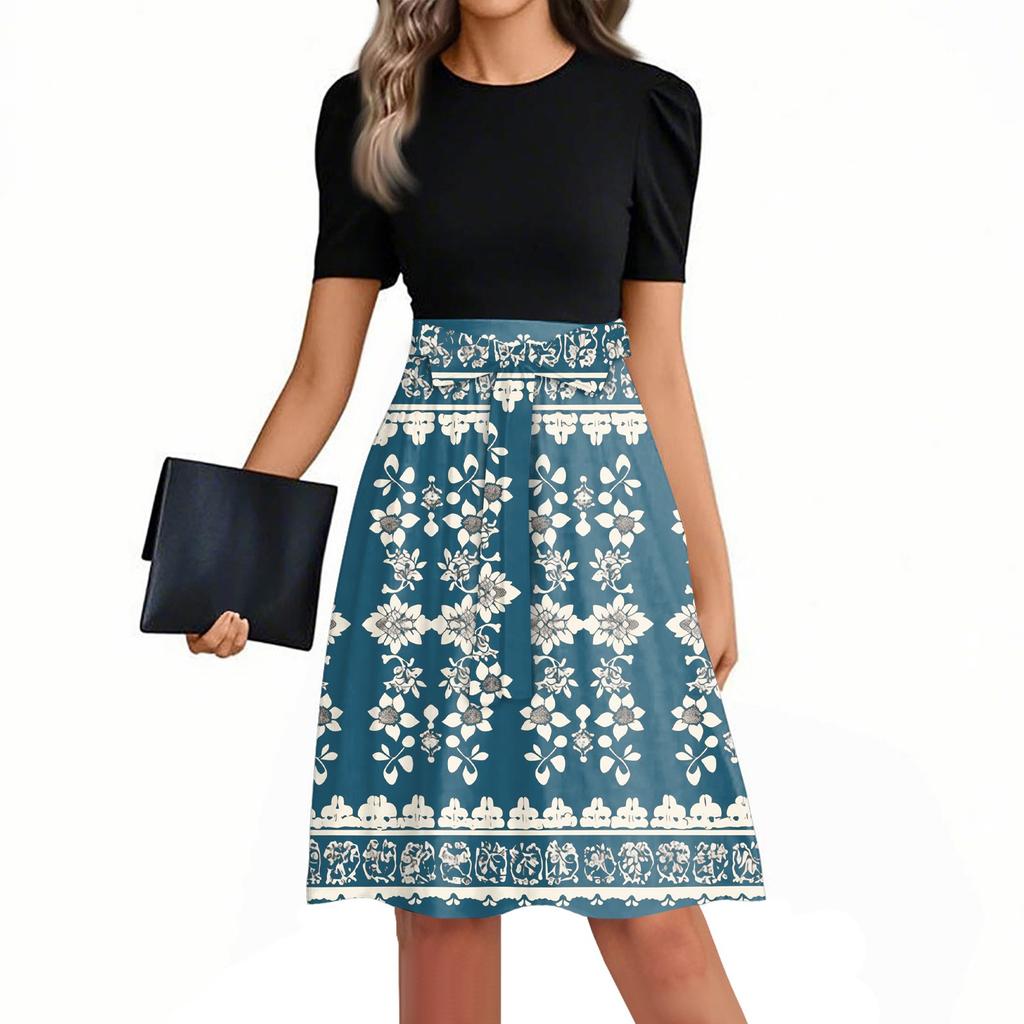 Women's Fashionable Casual Belt Short Sleeved Round Neck Printed Patchwork Dress