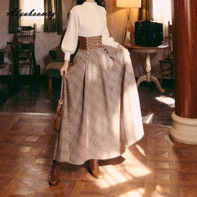 Осень-зима в английском стиле, женская длинная теплая юбка макси с высокой талией, бандажная плотная клетчатая шерстяная юбка, элегантная женская шерстяная юбка трапециевидной формы