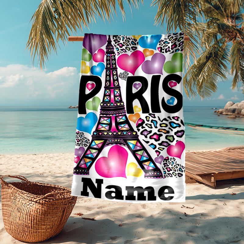 Custom Name Ultra-Soft Beach Towel with Paris the Eiffel Tower Theme,Ideal for Pool - Camping, Diving - Perfect Travel Essential, Vibrant Beach Towel.