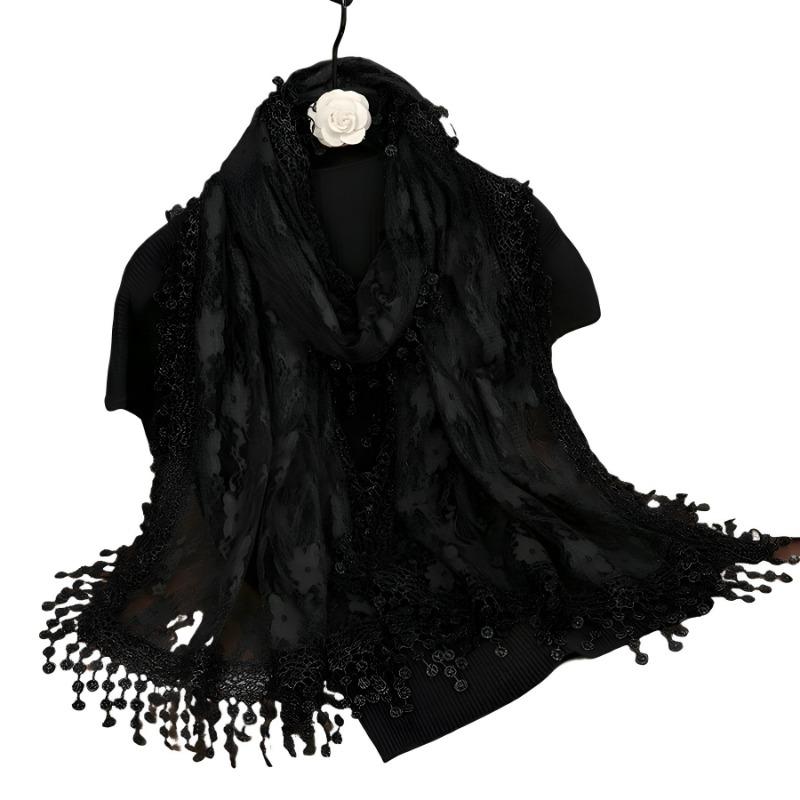 Summer New Solid Color Floral Fringed Shawl, Women's Fashion Thin Plum Blossom with Lace Long Towel