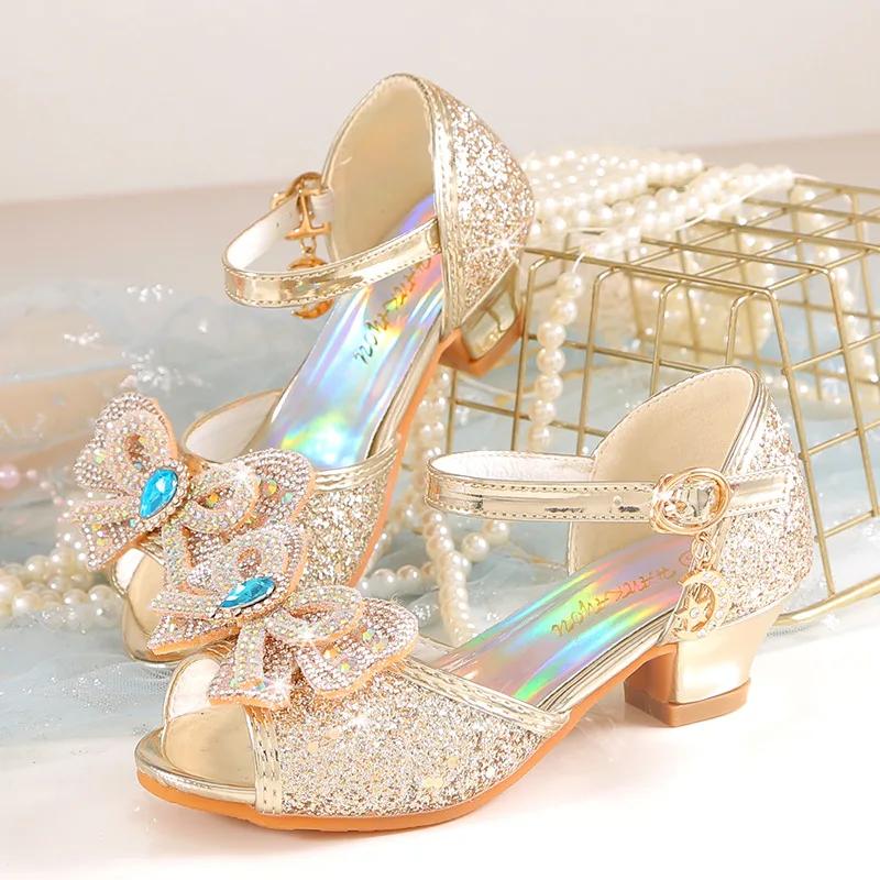 Summer Girls Sandals With Heel Fashion Rhinestone Shiny Glitter Shoes Children Princess Bowtie Pearl Dancing Shoe