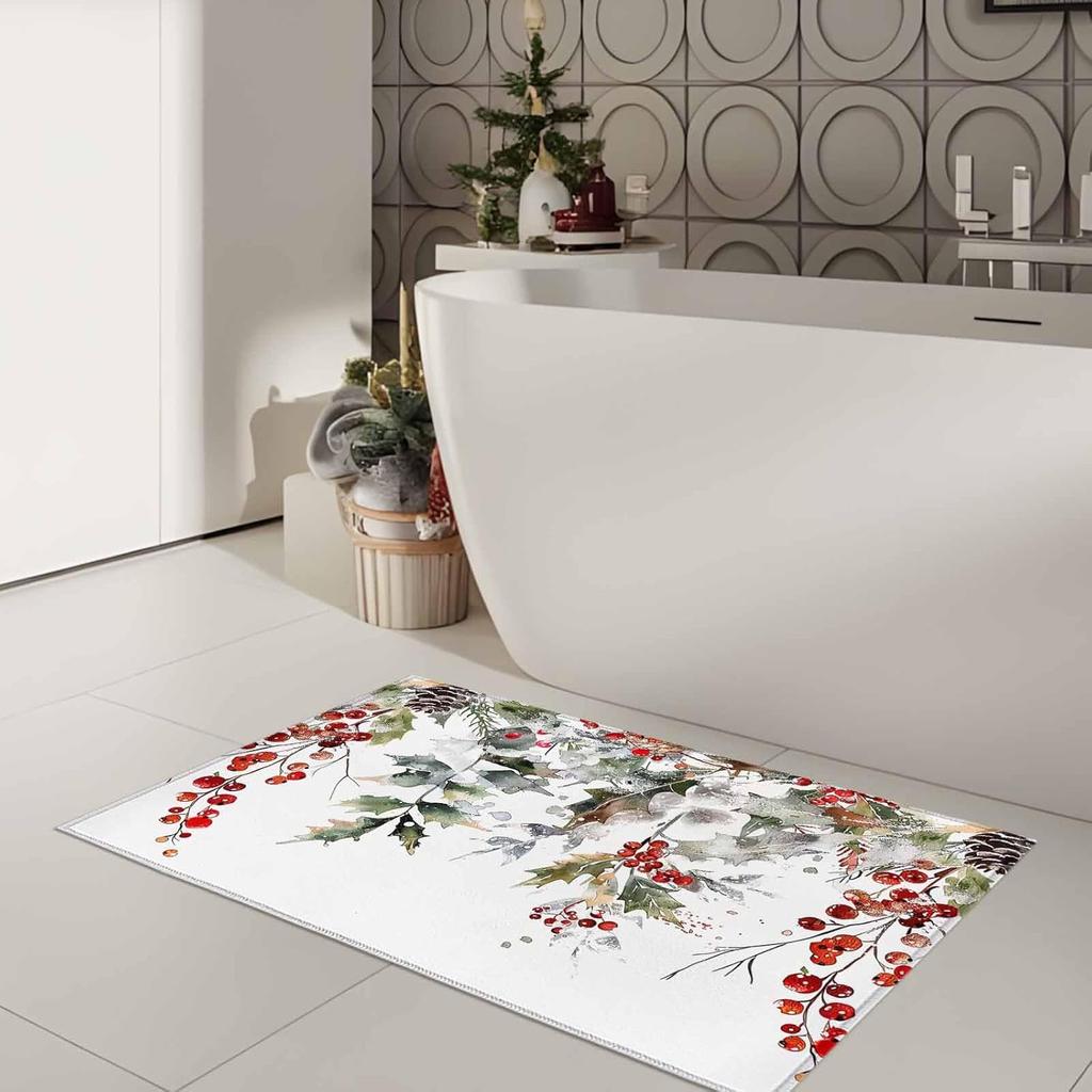 Merry Christmas Pine Cones Holly Red Berry Non-slip Door Mat Entrance Welcome Rug Bedroom Bedside Foot Mat Christmas Decorations