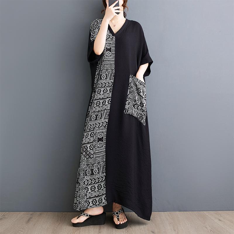 Plus Size Dress New Summer Holiday Basic Women V-Neck Loose Short Sleeve Vintage Long Spliced Dress