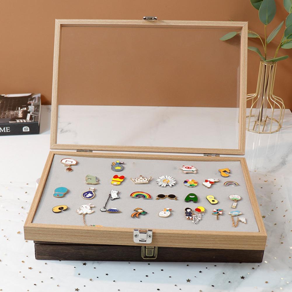 High-Capacity Badge Storage Box With Transparent Glass Cover New Wood Medal Display Case Chest Pin Display Box Jewelry Case