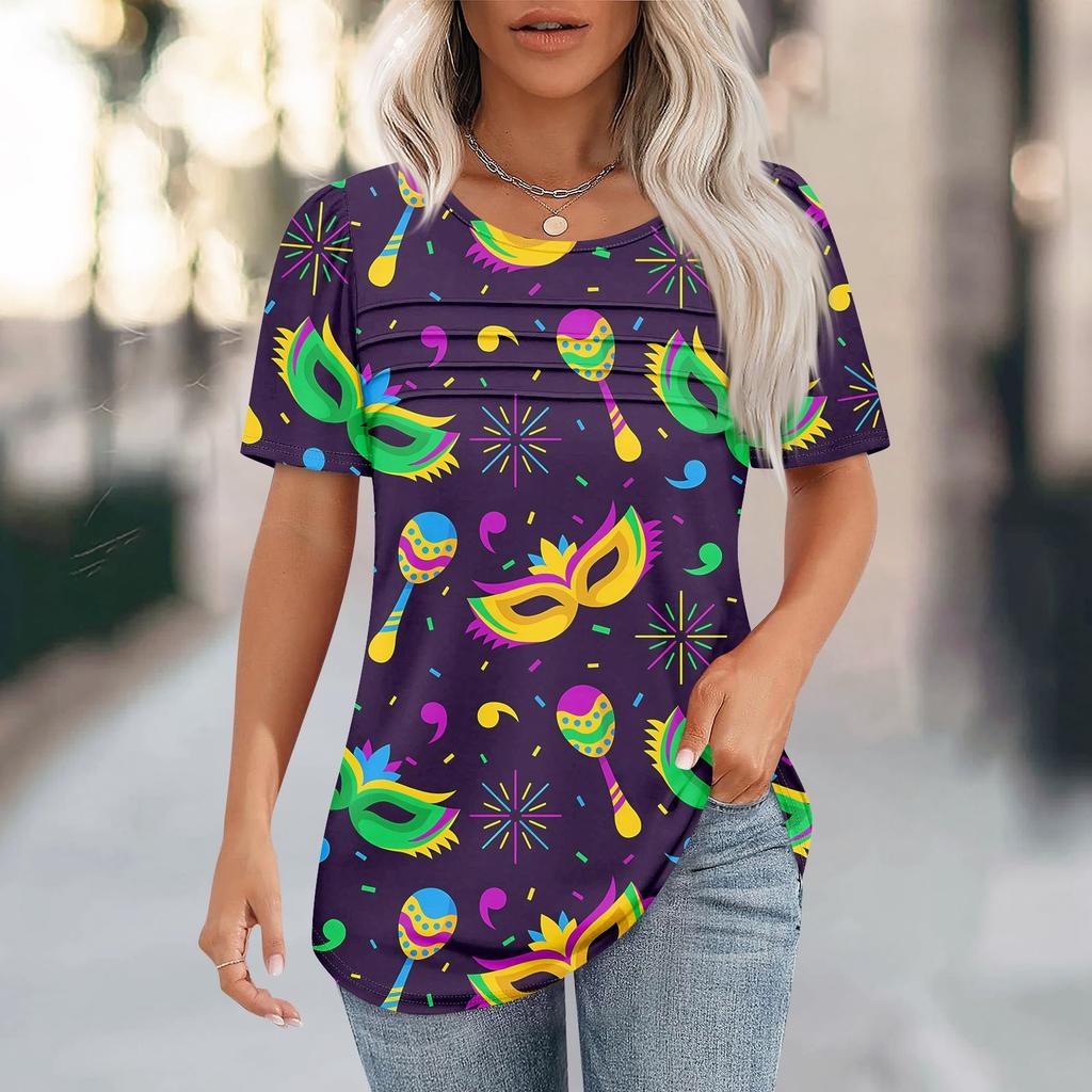 Women's Carnival Mask Print Short Sleeve Loose Round Neck Pleated Top