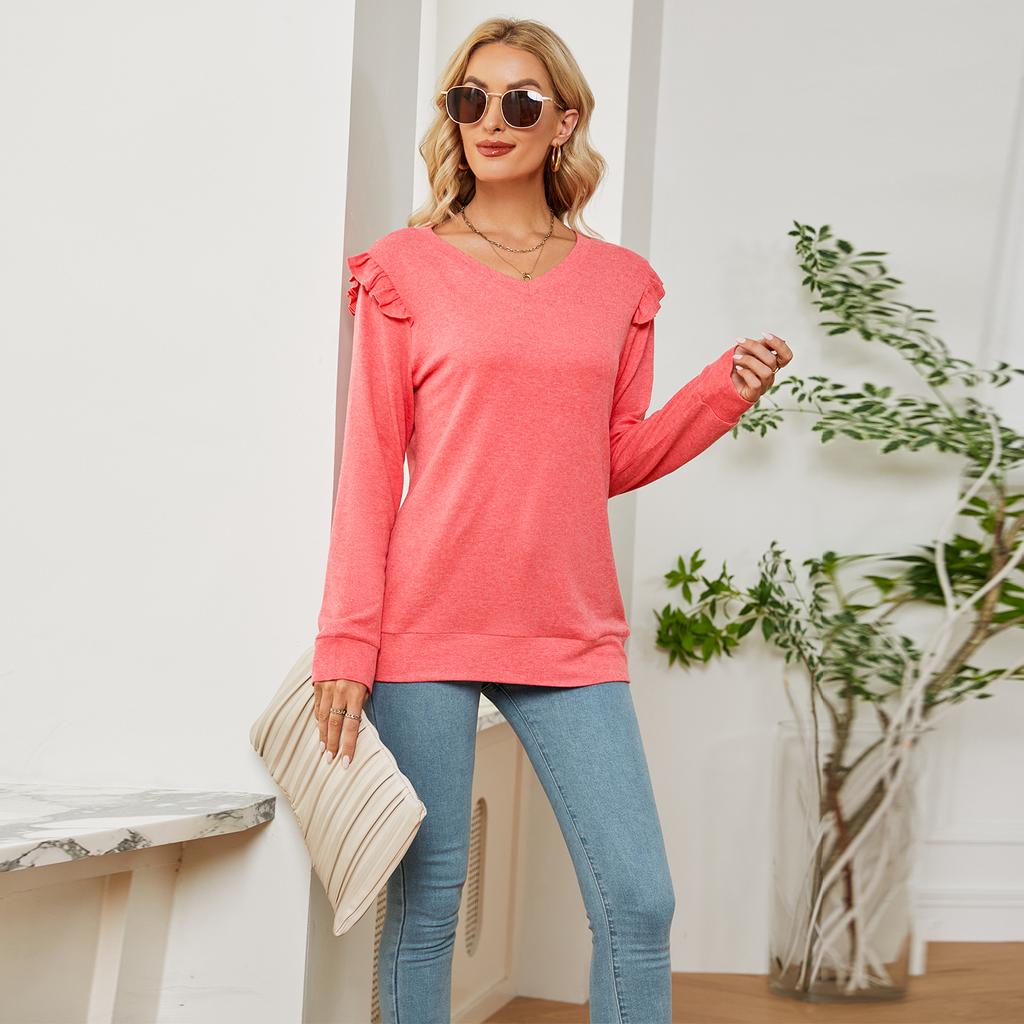 GMXIA Женские модные повседневные осенне-зимние однотонные блузки и рубашки с длинным рукавом и v-образным вырезом с принтом