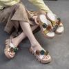 Handmade Flower Retro Women's Peep Toe Shoes Lightweight Thick Soled Genuine Leather Outdoor Slippers