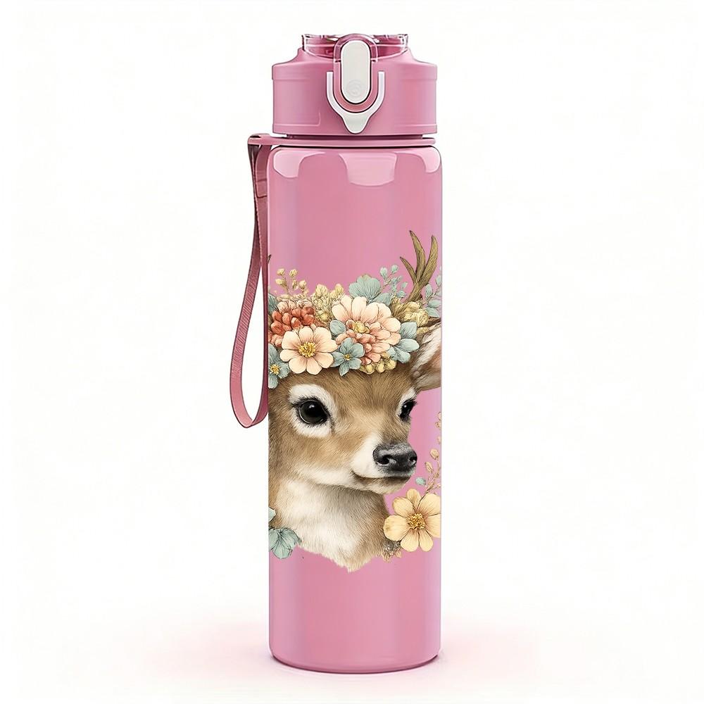 1PC Autumn Floral Deer Head 750ml Color Plastic Sports Water Bottle Leakproof Flip Straw Lid Suitable for Sports Office Home Use