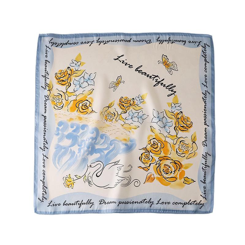 Silk small square scarf scarf women's spring and summer mulberry silk high-end versatile printing blue sunscreen neck protection neck silk scarf