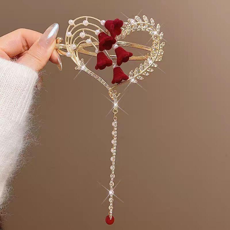 Женская красная кисточка с цветком, жемчуг, изысканная заколка-автомат для волос для женщин, рождественские заколки, зажим для волос, головной убор для невесты на Новый год