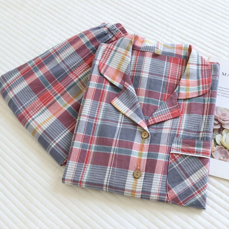 Весна / Осень Простая Пижама из стираного хлопка, женские брюки с длинными рукавами, домашняя одежда, свободный повседневный комплект из 2 предметов в клетку с лацканами