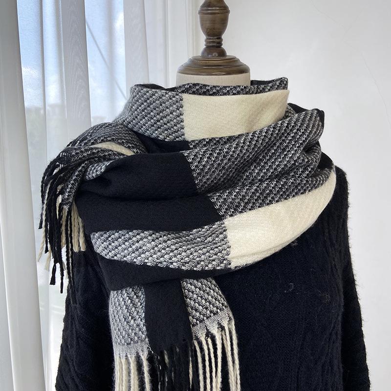Women's Cashmere Scarf Green Plaid Vintage Winter Korean Thick Warm Long Tassel Shawl Neck Christmas Gift Fashion Accessories